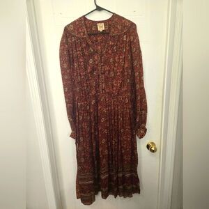 Vintage Papillon Silk Belted Red FLORAL Long Sleeve Dress -Overaize Small  Ptp23